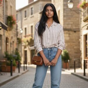 Rachel Zoe 100% Linen L/S Cropped Blouse 
Pinkish-Raspberry Stripe Size M